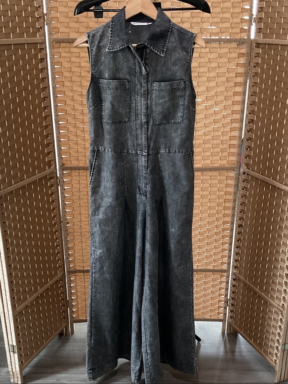 Sleeveless Washed Black Denim Jumpsuit with Front Zip NWOT